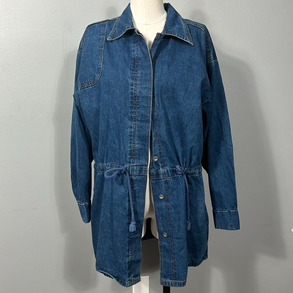 Vintage Blue Long Jean Jacket w drawstring and drop shoulder size small